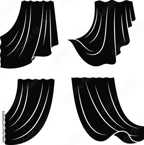 Dramatic Black Curtains Silhouettes Set Isolated on White Background for Design and Decoration