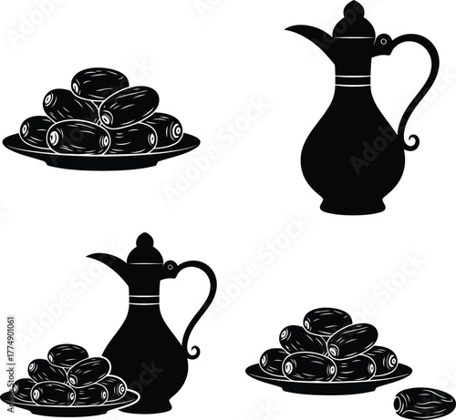 Elegant Black and White Illustration of Dates and Coffee Pots symbolizing Arabian Hospitality and Culture