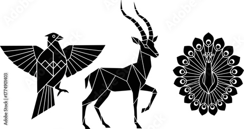 Geometric animal design featuring bird antelope and peacock on white background illustration creative concept