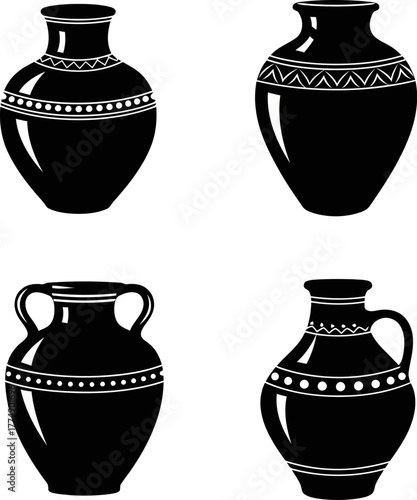 Set of antique black silhouette vases with decorative patterns for interior design