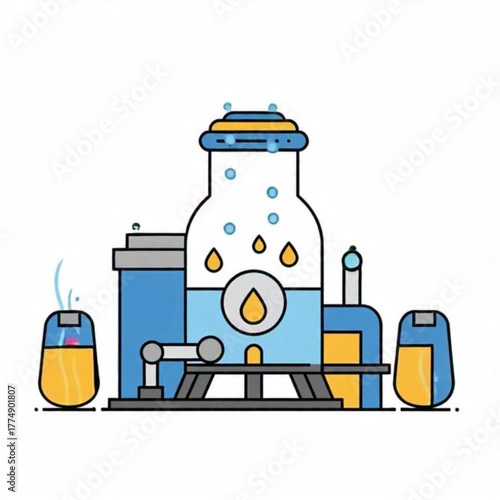 Modern flat design vector illustration depicting an intricate industrial chemical processing plant with various tanks, pipes, and liquid production elements.