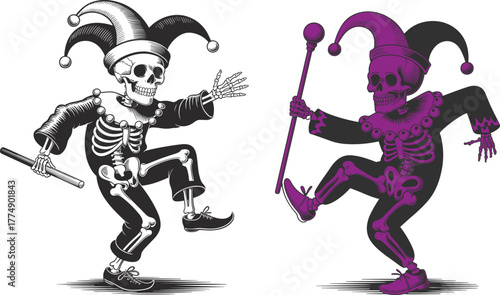 Jester skeletons dancing with staffs and batons costume purple and black.