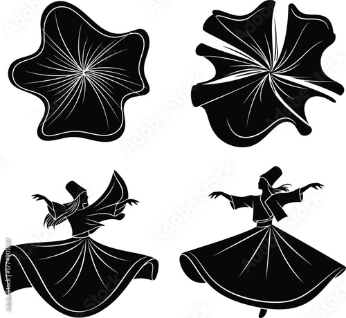 Sufi Whirling Dervish Silhouette Set Spiritual Movement Islamic Art Mystical Dance Black and White Vector