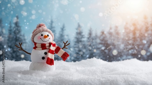A smiling snowman wearing a striped scarf and knitted hat standing in deep snow, with a blurred winter forest and bright sunlight in the background.