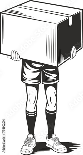 Person holding large cardboard box wearing shorts and sneakers vector.