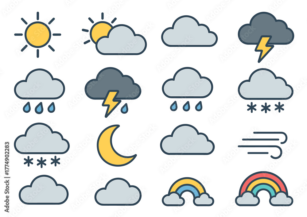 Obraz premium Collection of weather icons: sun, clouds, rain, snow, thunder, moon, wind, rainbow