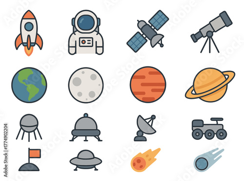 Space exploration icons: rocket, astronaut, satellite, telescope, planet