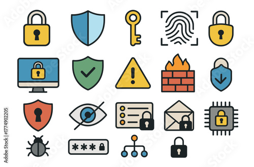 Cybersecurity icons set featuring locks, shields, firewalls, and privacy symbols
