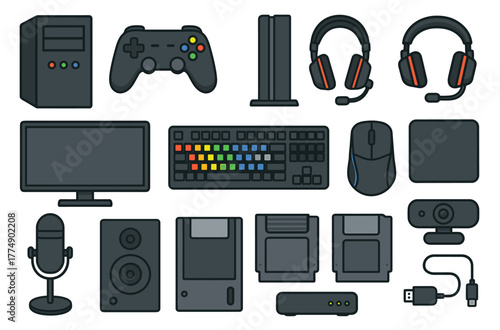 Collection of video game accessories and computer equipment