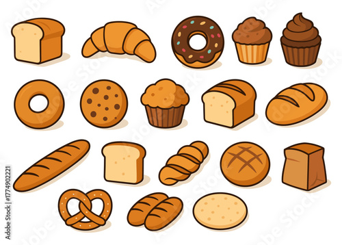 Assorted baked goods including bread, pastries, cookies, and bagels on white background