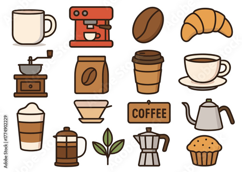 Coffee icon set featuring espresso machine, coffee bean, and croissant