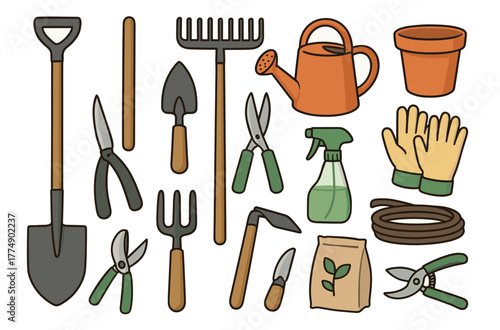 Gardening tools collection with gloves, shovel, and watering can