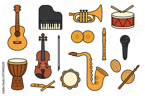 Collection of musical instruments featuring guitar, piano, violin, and more