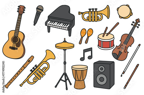 Collection of musical instruments including guitar, piano, and trumpet