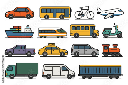 Diverse modes of transportation icons including cars, bus, bicycle, airplane, and more
