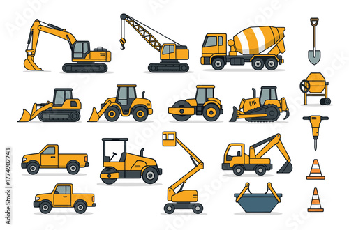 Construction vehicles and equipment: excavator, crane, bulldozer, cement mixer, tractor, tools