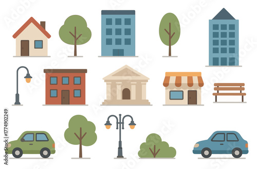 Collection of city elements: buildings, trees, cars, and street lights in flat design