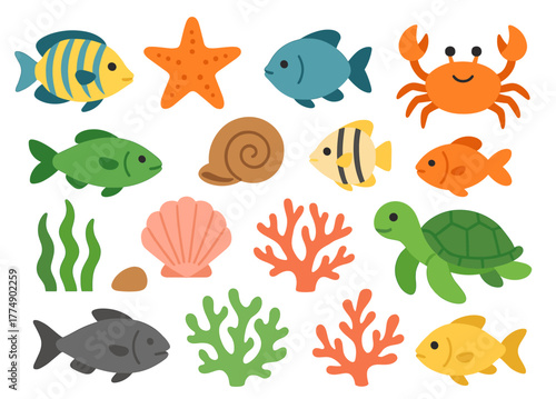 Colorful marine animals and sea life icons on white background