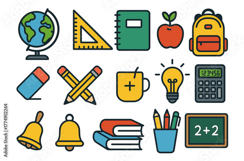 Colorful school supplies icons featuring globe, calculator, and books for educational themes
