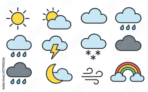 Vector icons representing various weather conditions including sun, clouds, rain, snow, and rainbow