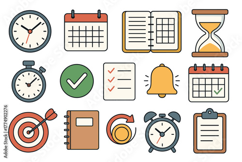 Time management icons: clocks, calendars, alarms, checklists, hourglass