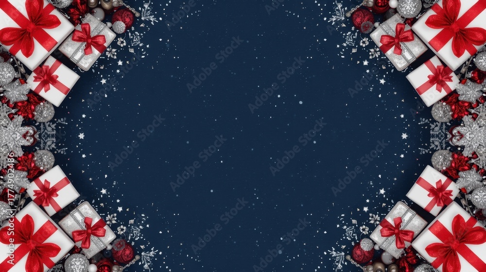 Fototapeta premium A dark blue background framed on the sides by white gifts with red ribbons, silver baubles, and white confetti or glitter.