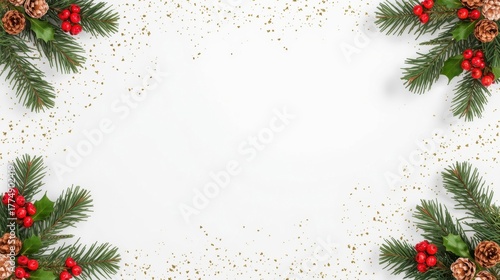 A minimalist white background framed in the four corners by fir branches, red berries, pinecones, and scattered golden glitter.