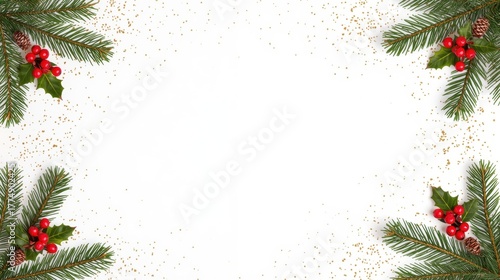 A minimalist white background framed in the four corners by fir branches, red berries, pinecones, and scattered golden glitter.