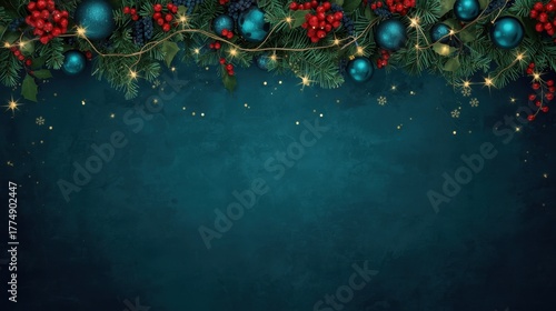 A dark, textured teal background with a top border of fir branches, turquoise baubles, red berries, and string lights.