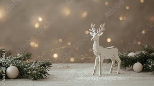 A white and rustic decorative reindeer standing on a snowy surface next to fir branches and white baubles, against a warm, blurred bokeh background.