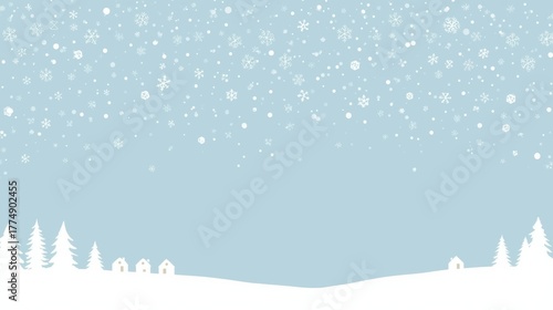 A flat, minimalist winter illustration of falling snow over a pale blue sky, with white silhouettes of rolling hills, pine trees, and small houses below.