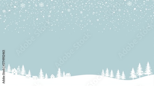 A flat, minimalist winter illustration of falling snow over a pale blue sky, with white silhouettes of rolling hills, pine trees, and small houses below.