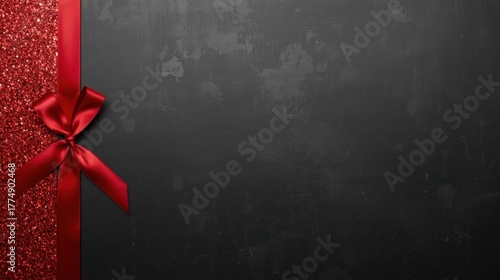 A dark, textured background featuring a vertical strip of red glitter and a satin red ribbon tied in a bow on the left side, leaving ample copy space.