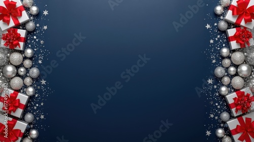 A dark blue background framed on the sides by white gifts with red ribbons, silver baubles, and white confetti or glitter.