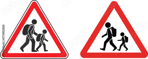 Warning signs depicting pedestrians with backpacks walking child adult.