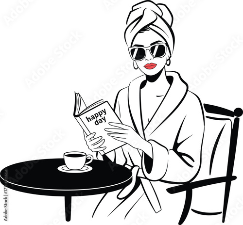 Woman wearing robe and turban reading book with coffee sunglasses.