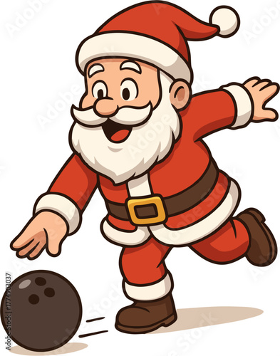 Cartoon Santa Claus in red suit cheerfully bowling, rolling a black ball with a joyful expression and dynamic pose