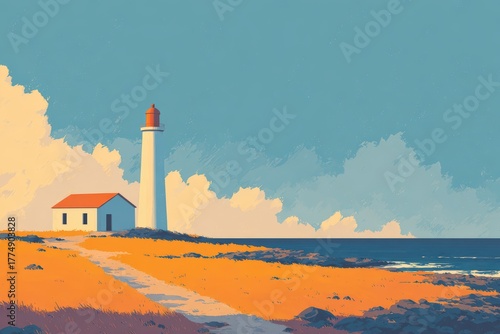 Lighthouse on a cliff with a long straight road leading to it
