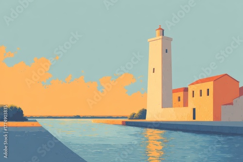 Lighthouse overlooking a harbor with small sailboats