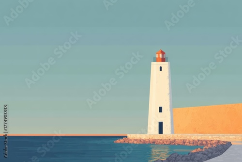 Lighthouse on a pier with a golden sunrise reflection
