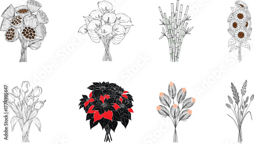 Collection of eight stylized floral arrangements and bouquets in black and white with one colorful poinsettia wreath