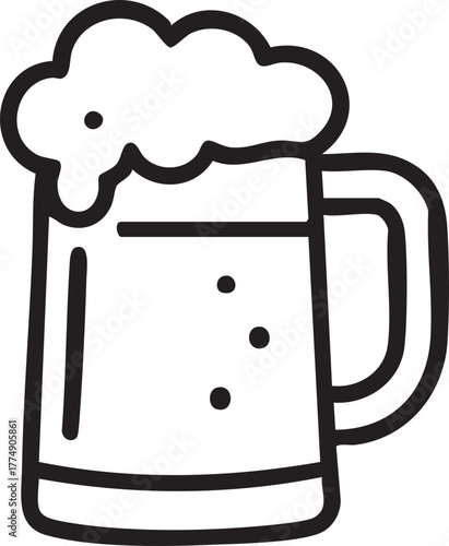 Outline silhouette of a beer mug with foam isolated on transparent background
