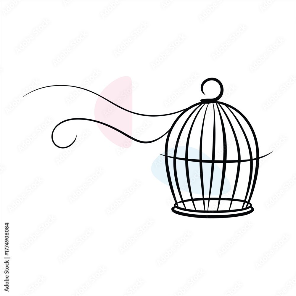 Fototapeta premium Elegant line drawing of an open birdcage with decorative swirls