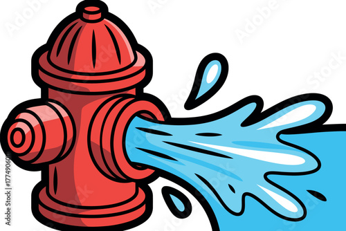 A bright red fire hydrant sprays a gushing stream of blue water.
