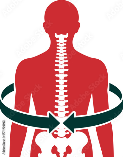A red silhouette of a human body highlights the spine and pelvic area with a rotating arrow graphic.