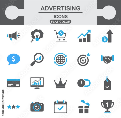 Flat Color Advertising Icons Set: Marketing, Business, Strategy, E-commerce, Promotion, Communication, Success, Digital Media, Campaign, Commerce