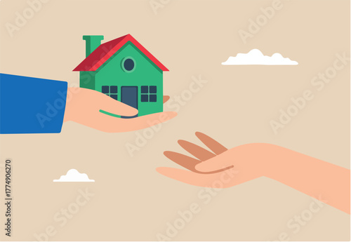 Flat illustration of father hand give house model to child symbolizing inheritance