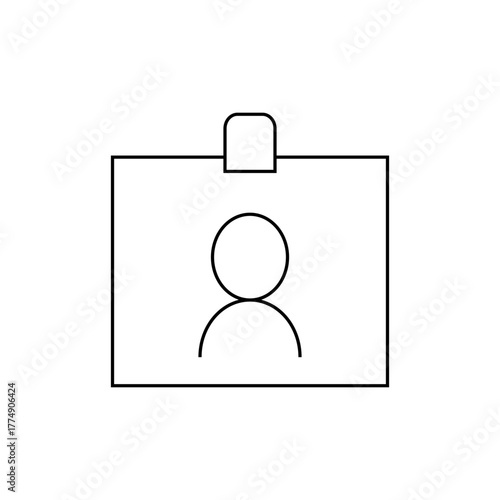 A simple line drawing of a name badge with a generic person icon inside, all in black and white style