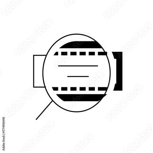 Magnifying glass focusing on a document with lines and dotted lines in black and white simple illustration