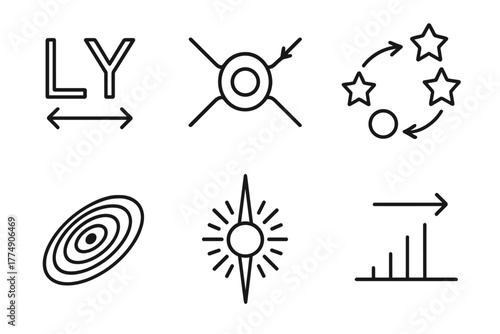 Astrophysics Line Icons. Line style icons of astrophysics: light-year symbol, gravitational lens, stellar evolution chart,